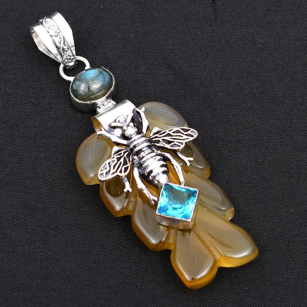 Carved Yellow Onyx Labradorite Gemstone Insect Pendant Jewelry Gift 3