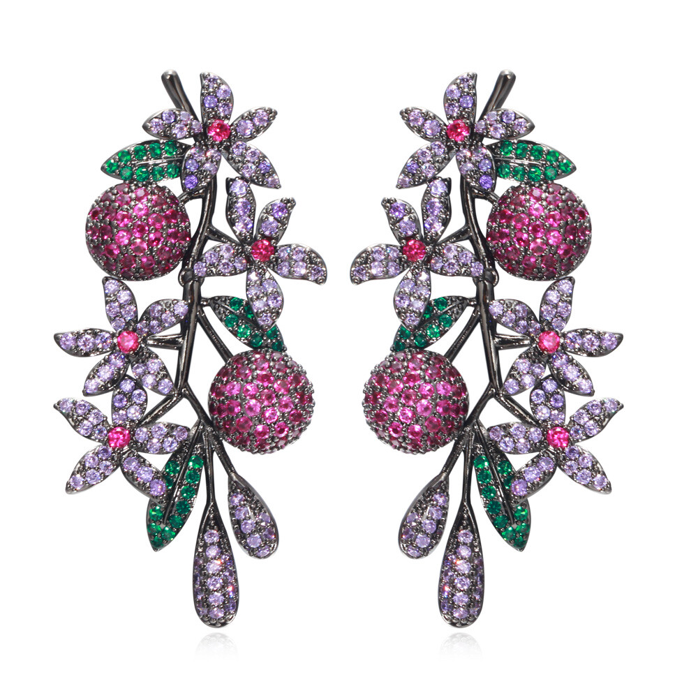 Women Flower Earrings Black Gold Plated Cubic Zirconia Long Drop Wedding Jewelry