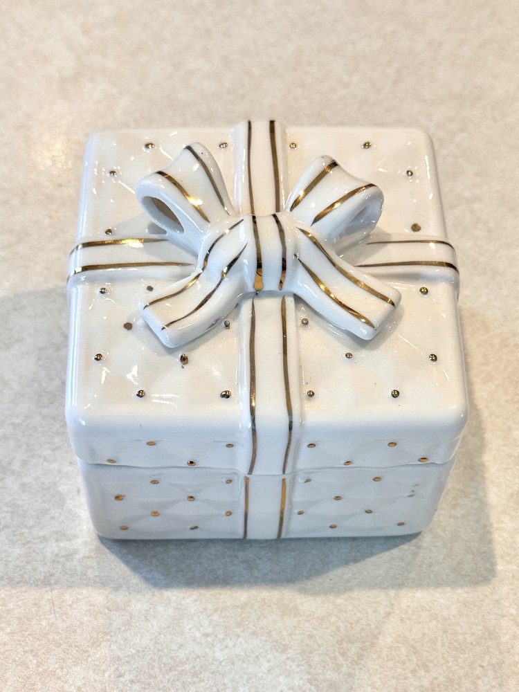 Ceramic Jewelry Trinket Gift Present White And Gold Bow Dots Box