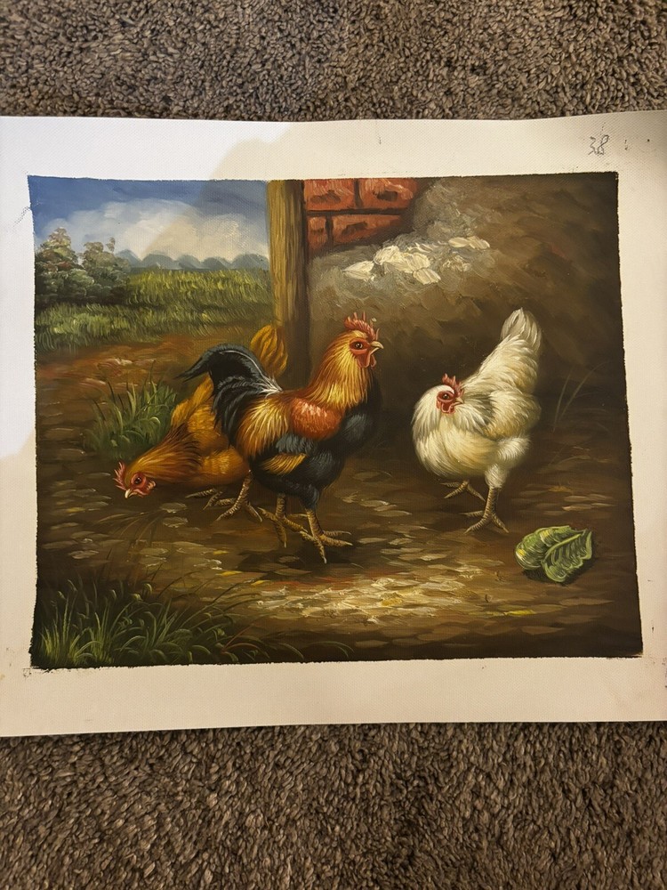 Chickens Bird Real Oil Painting On Canvas Background 9”x11”