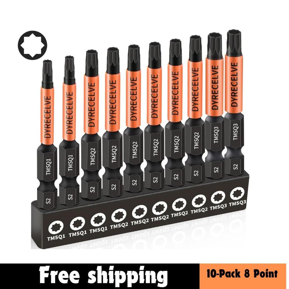 10-Pack Magnetic 8-Point Torx Star Bits with Hex Shank for Professionals