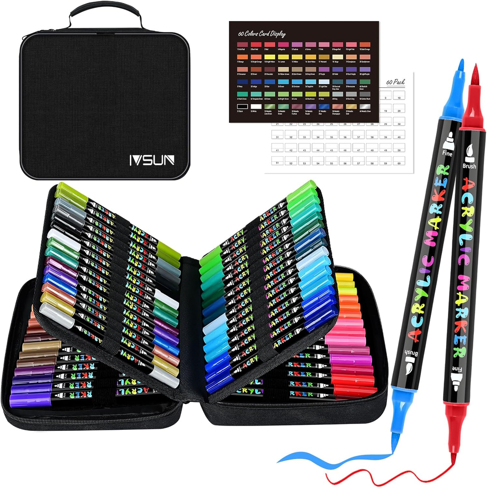60 Colors Acrylic Paint Markers, Dual Tip Acrylic Paint Pens with Brush and Fine