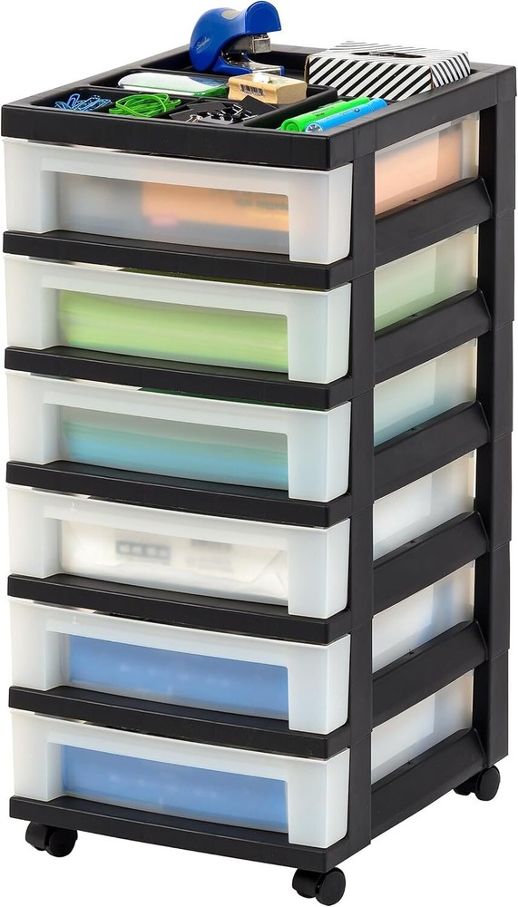 Plastic Drawer Storage Organizer Rolling Cart, Black/Pearl