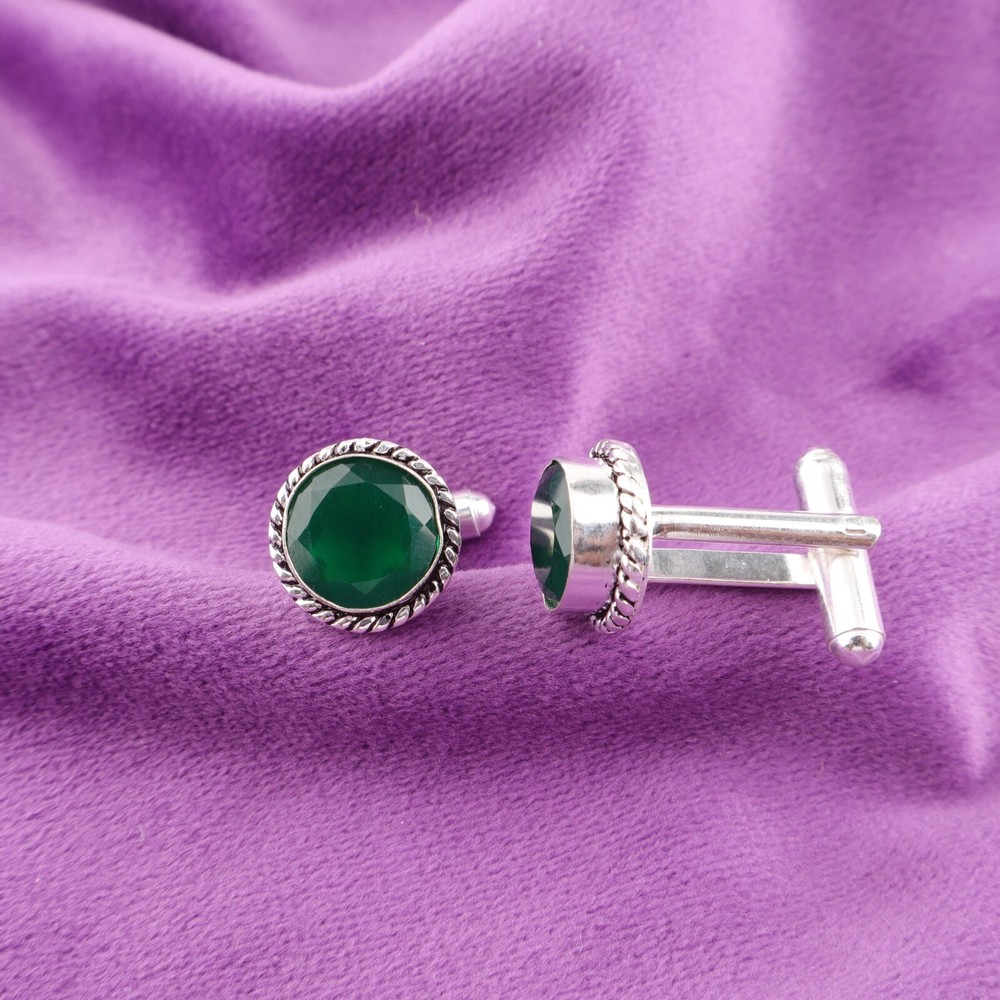 Valentines Deal 925 Silver Natural Green Onyx Birthday Business Formal Cufflinks