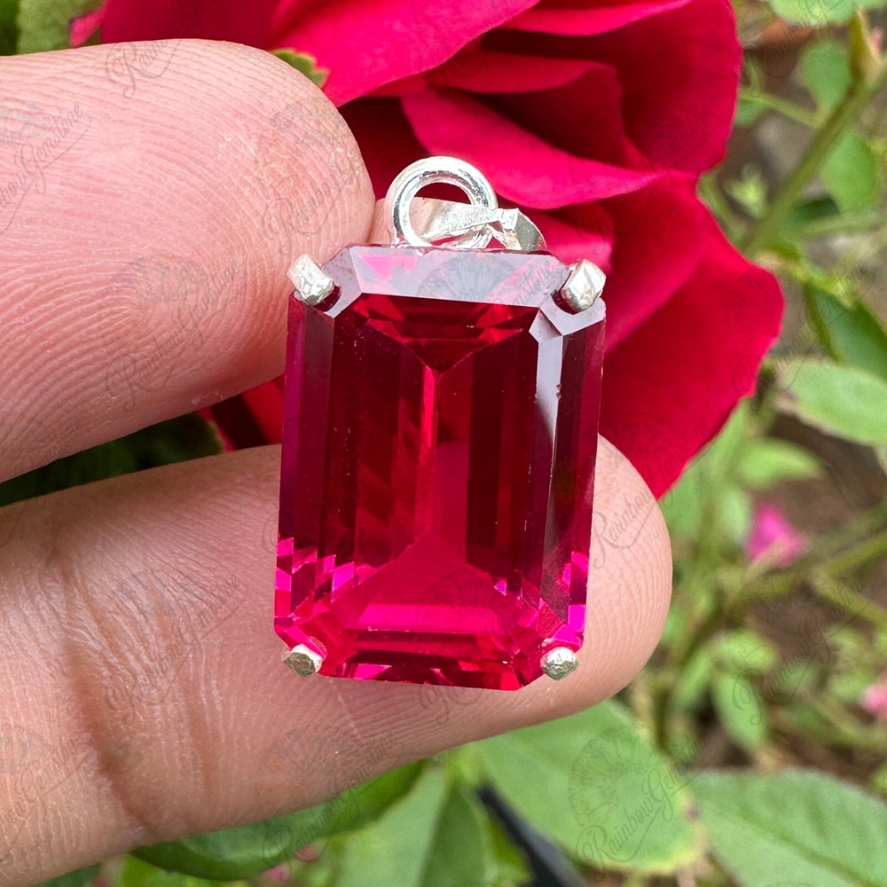 22.45CT Natural Mogok Pink Ruby Gemstone in 925 Silver Emerald Pendant