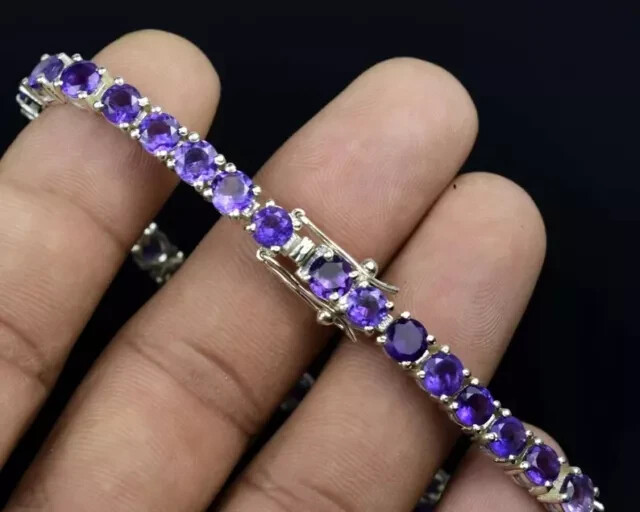 14K White Gold Plated 9Ct Round 4mm Lab-Created Purple Amethyst Tennis Bracelet