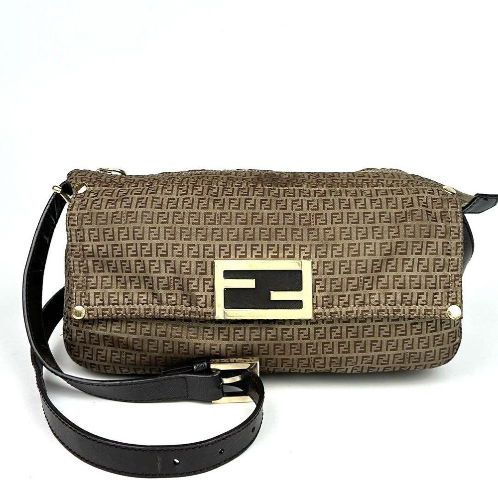 FENDI Zucchino Crossbody Bag in Brown Nylon with Leather Trim and Gold Hardware