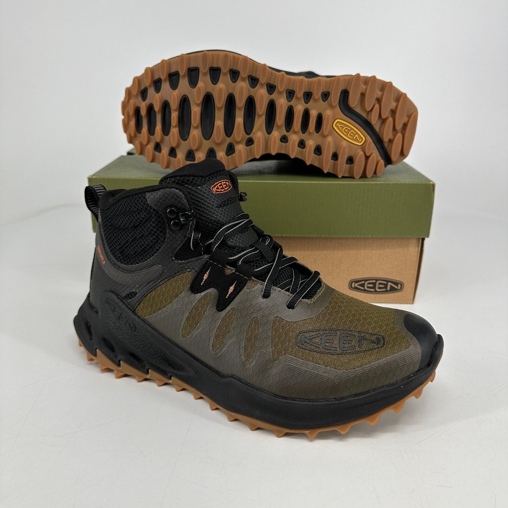 KEEN Zionic Mid Waterproof Hiking Boot Men 9 Green Dark Olive/Scarlet Ibis Train