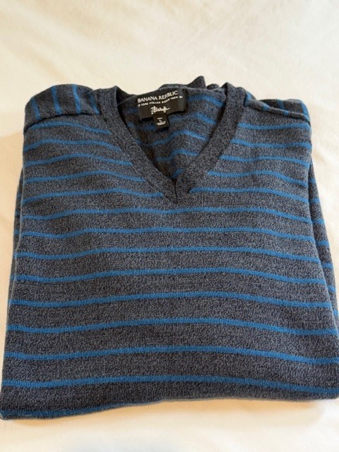 BANANA REPUBLIC Mens Large Tall Sweater Italian Merino Yarn Baruffa Gray Stripe