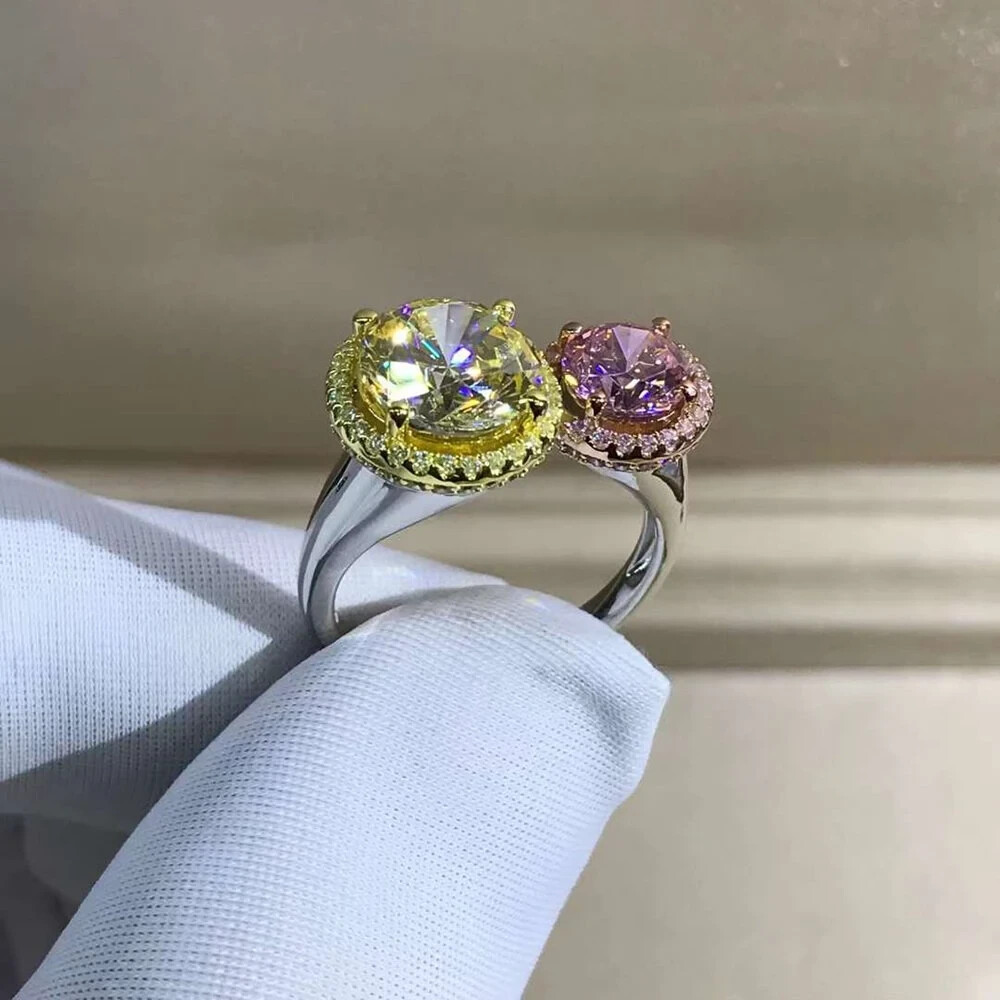 5ct Round Moissanite Yellow-Pink Double Halo 18K Gold Ring