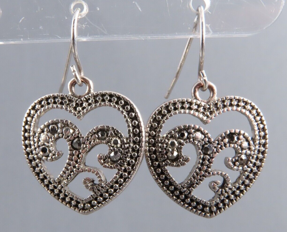 STERLING SILVER Vintage VICTORIAN STYLE Dangle Earrings MARCASITE HEART SCROLL