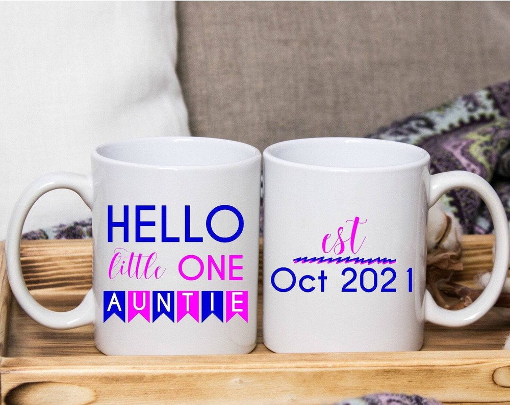 Hello Little One Auntie Est 2021 Mug Aunt Announcement Gift Personalized Date