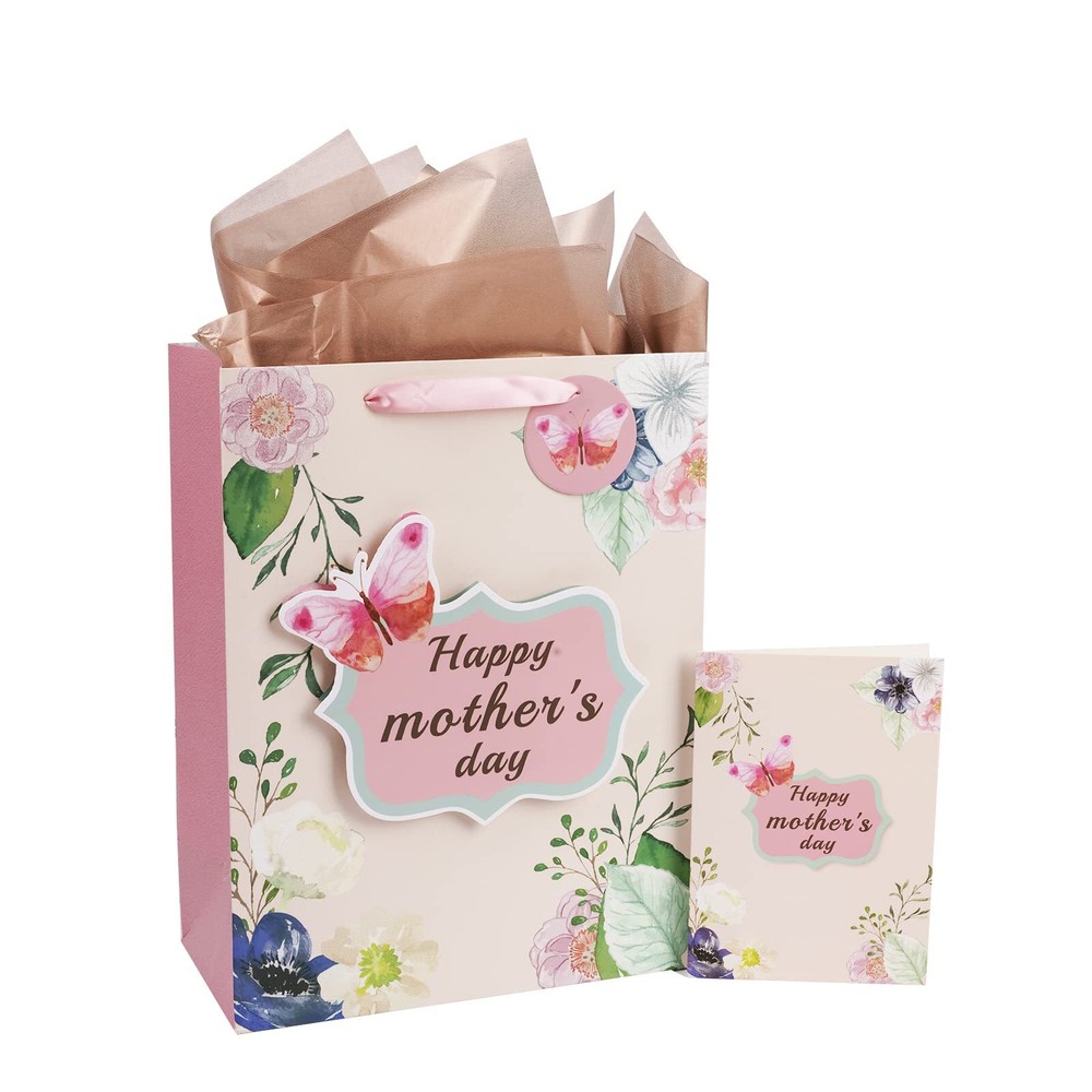 Pink Floral 13 Inch Large Gift Bag with Mother's Day Card and Tissue Paper Set