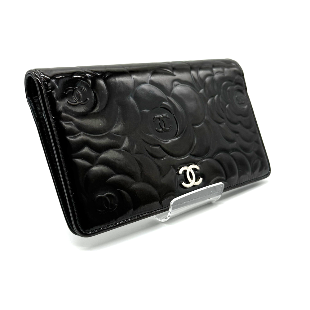 CHANEL Camellia CC Long Wallet Black Patent Leather Coco Mark Authentic