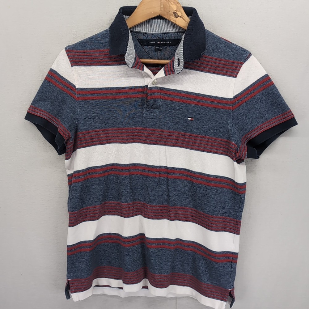 Tommy Hilfiger Striped Blue Red White Polo Shirt Mens Preppy Designer USA Style