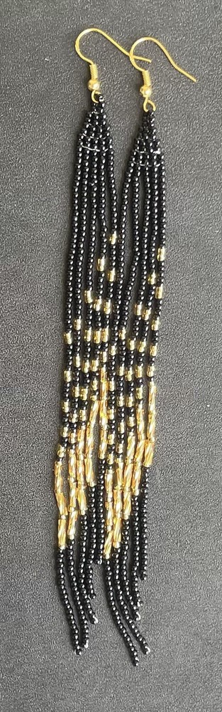 Black & Gold Seed Bead Beaded Earrings Boho Fringe Dangle Tassel Extra Long