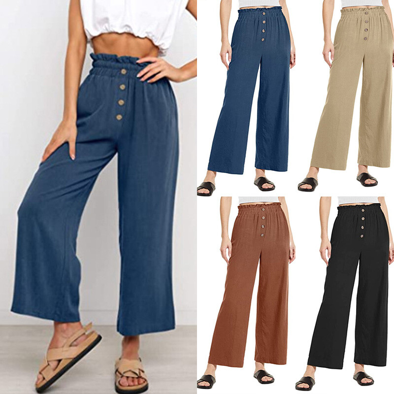 Women High Waist Cotton Linen Trousers Ladies Button Baggy Wide Leg Bottom Pants