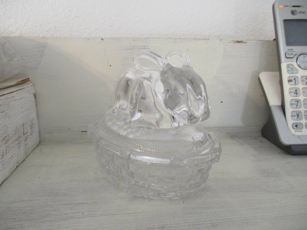 Heavy Clear Glass Easter Bunny Rabbit Candy Dish Trinket Jar Basket Set