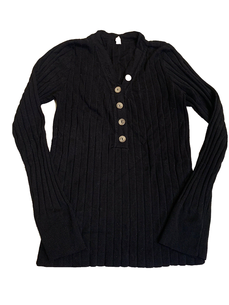 Black V-Neck Button-Front Tight Knit Pullover Sweater for Women - Large