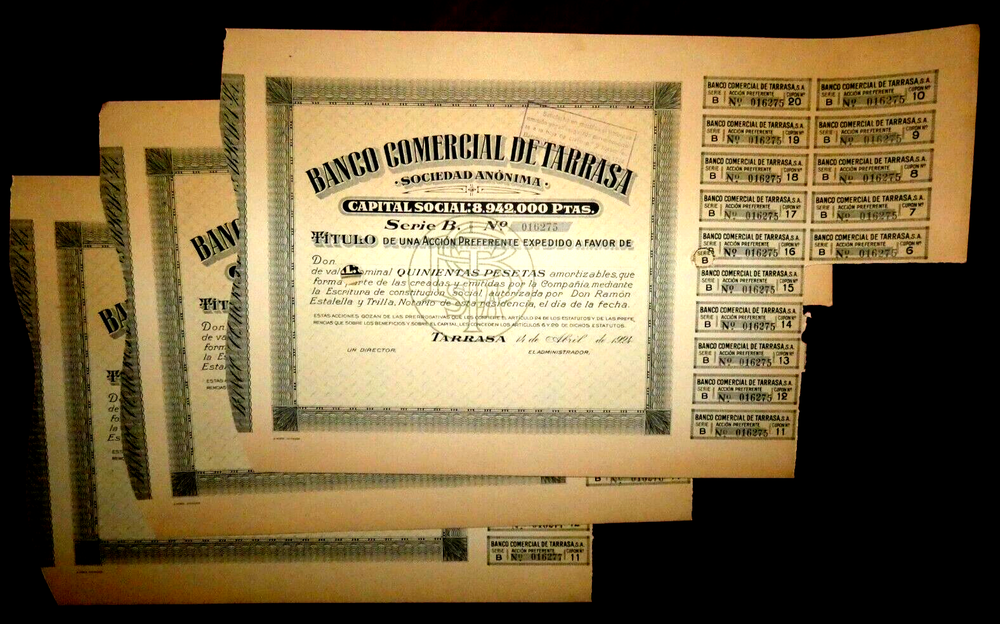 1924 Banco Comercial de Tarrasa Spain Share Certificate Lot of 3  