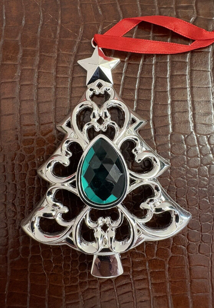 Lenox Bejeweled Tree Silverplated Ornament with Green Gem - Original Packaging