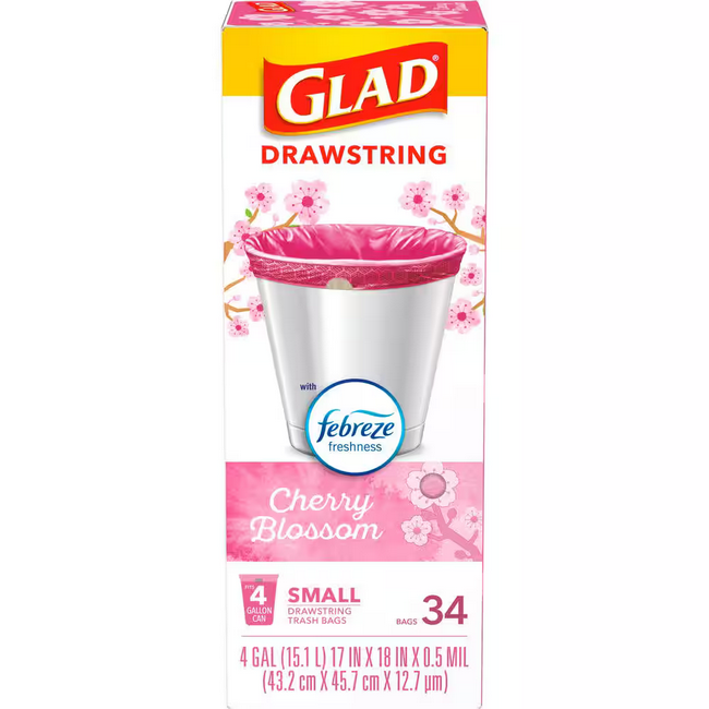 Glad OdorShield Small Drawstring Trash Bags, 4 Gallon Trash Bag 34 Count