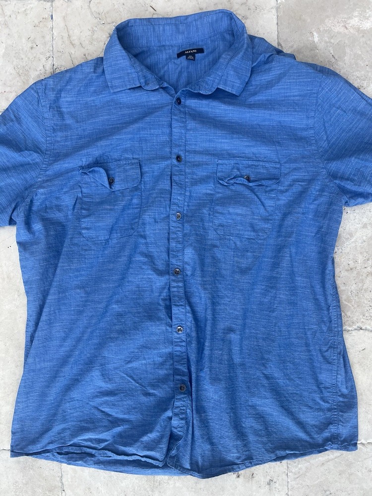 Alfani Button Down Shirt Mens XXL 2XL Short Sleeve Blue Pockets Collared Cotton