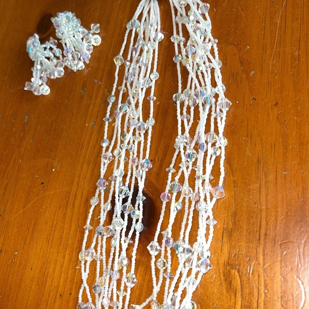 Vendome Seed Bead Aurora Borealis Crystal Necklace Earrings Set, Beaded Claps, 1