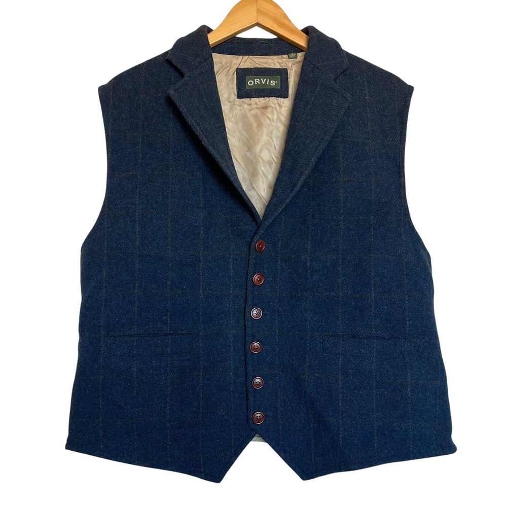 Orvis Men’s XL Navy Wool Windowpane Dress Vest