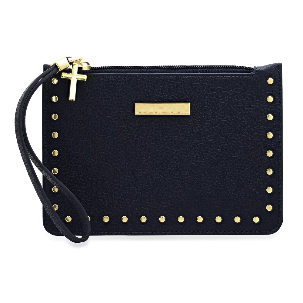 Gold-Tone Studded Navy Spanish Lord's Prayer PU Leather Wristlet for Women