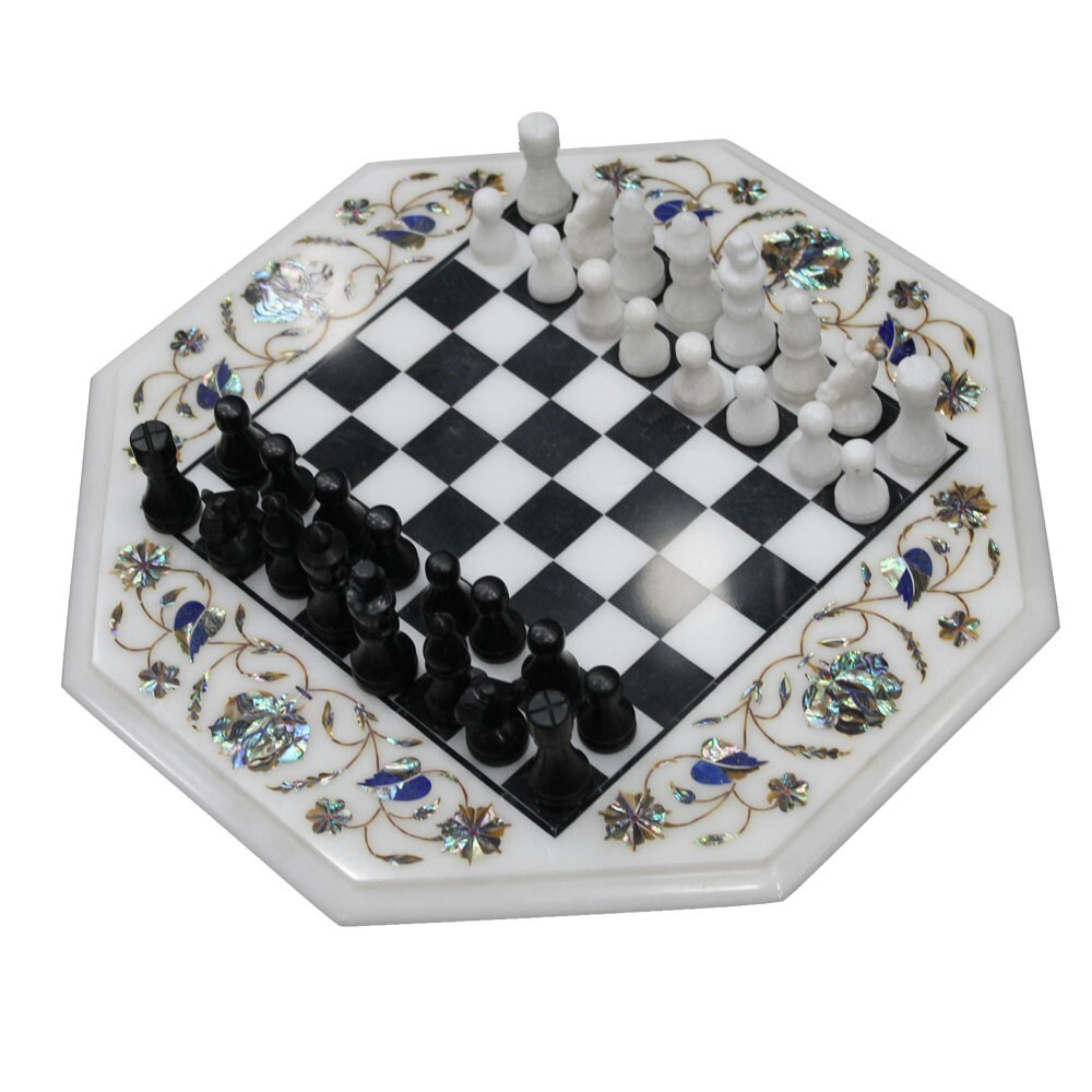 White Marble Inlay Chess Design Table Top Semi precious Inlay Cyber Monday Gift-image