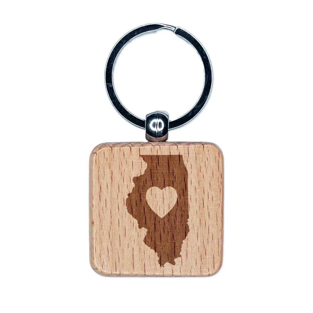 Illinois State Heart Engraved Wooden Keychain Charm Gift
