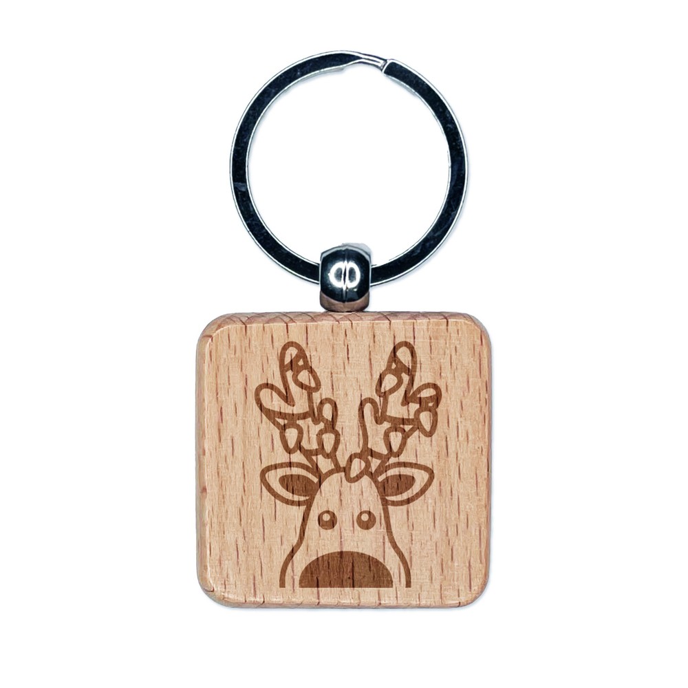 Peeking Reindeer with Lights Christmas Engraved Wood Square Keychain Tag Charm