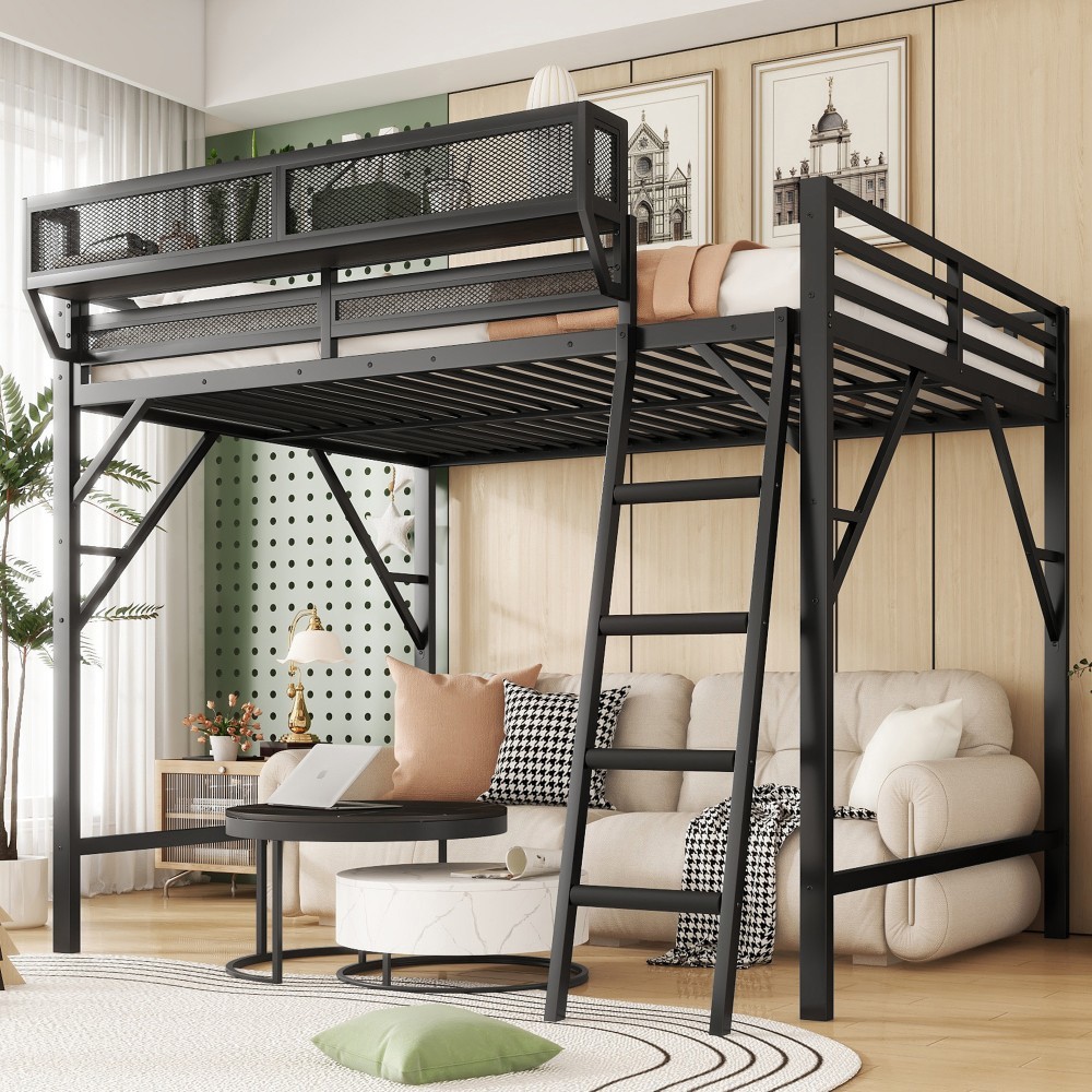 Full Size Loft Bed with Ladder, Metal Full Loft Bed with Storage Shelves Black