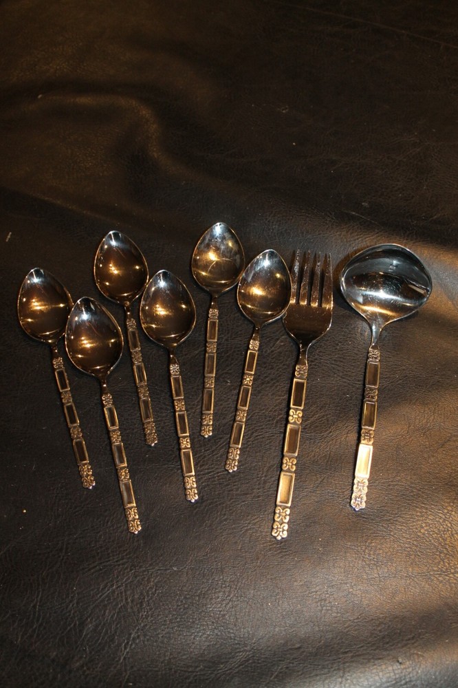 Oneida Community Madrid Stainless Flatware black accent 6 soup spoons ladle fork