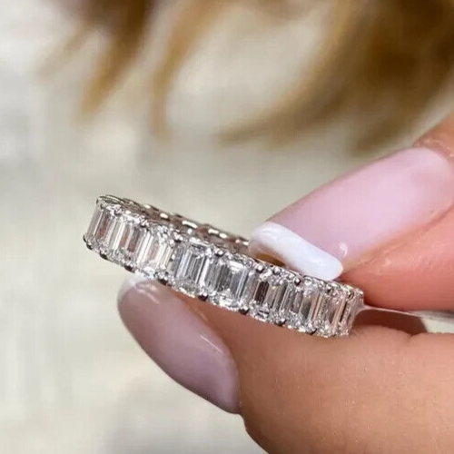 4CT Emerald Cut Lab Grown/CVD Diamond Wedding Full eternity Band Ring 14k Gold