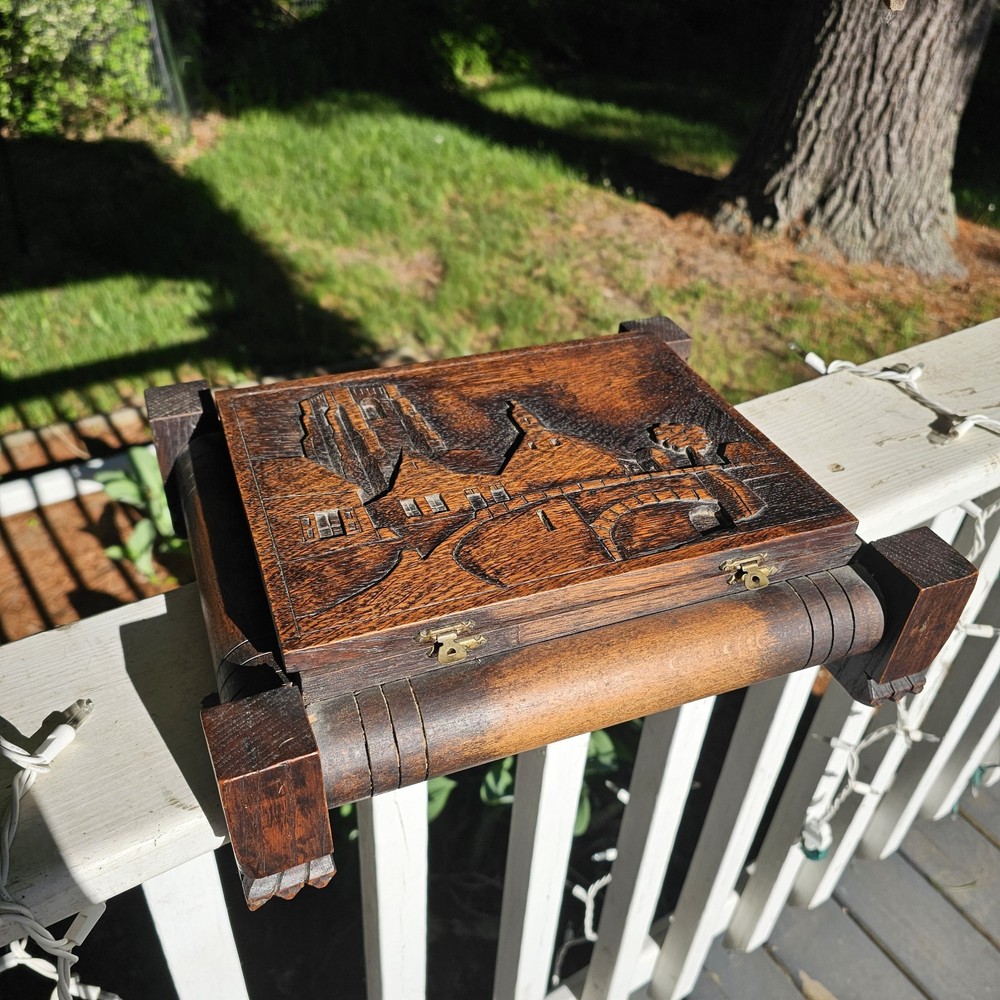 Handcarved Wooden Box Medieval Castle Bridg Jewelry Trinket  Quilted Lined 13x11