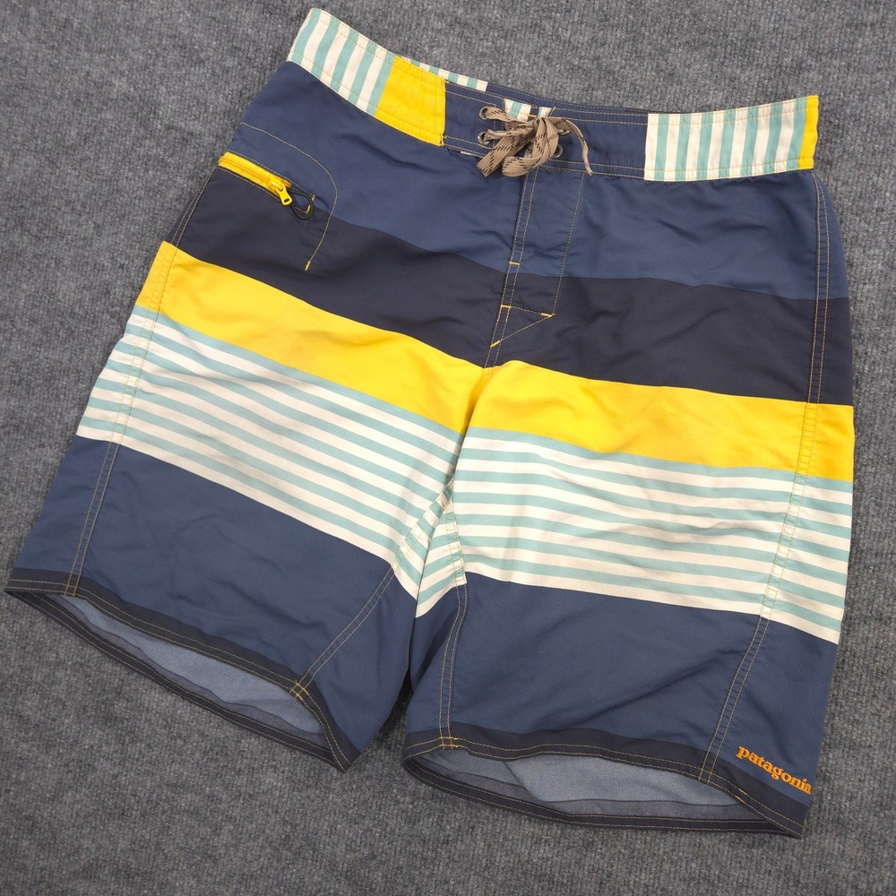 Patagonia Wavefarer Board Shorts Mens 32 Blue Yellow Striped Outdoor Performance