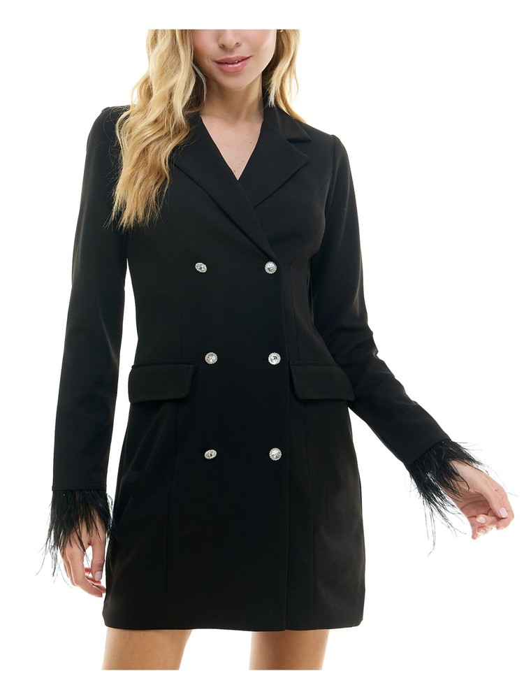 CITY STUDIO Womens Black Lined Button Front Faux-pocket Tuxedo Dress Juniors S