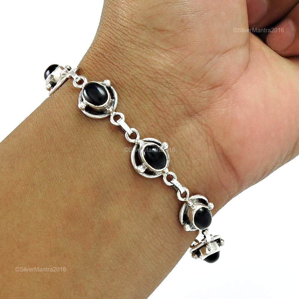 Natural Black Onyx 925 Sterling Silver Ethnic Chain Bracelet for Mother’s Day-image