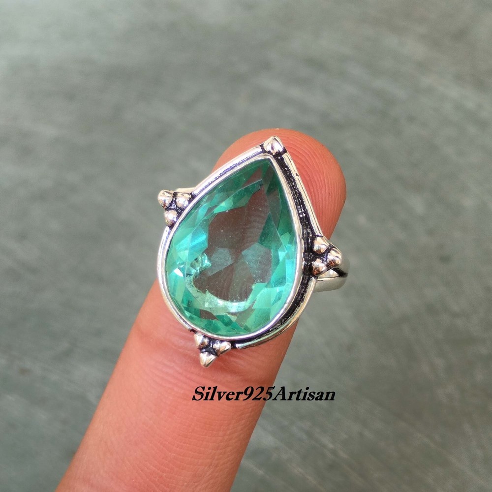 925 Sterling Silver Aquamarine Teardrop Designer Handmade Women's Ring  AK4085