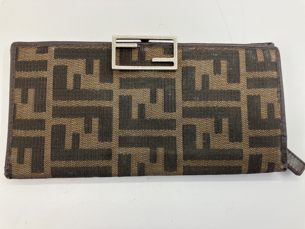 Fendi Zucca Long Wallet Brown Canvas Leather FF Logo Bifold Vintage Italy