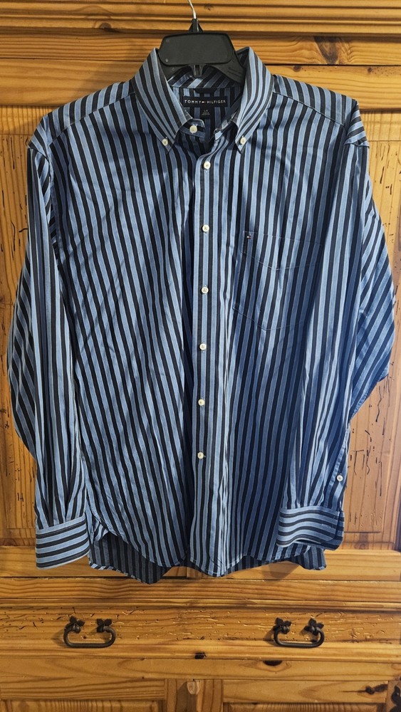 Tommy Hilfiger Men's Blue Striped Long Sleeve Dress Shirt Size Large  