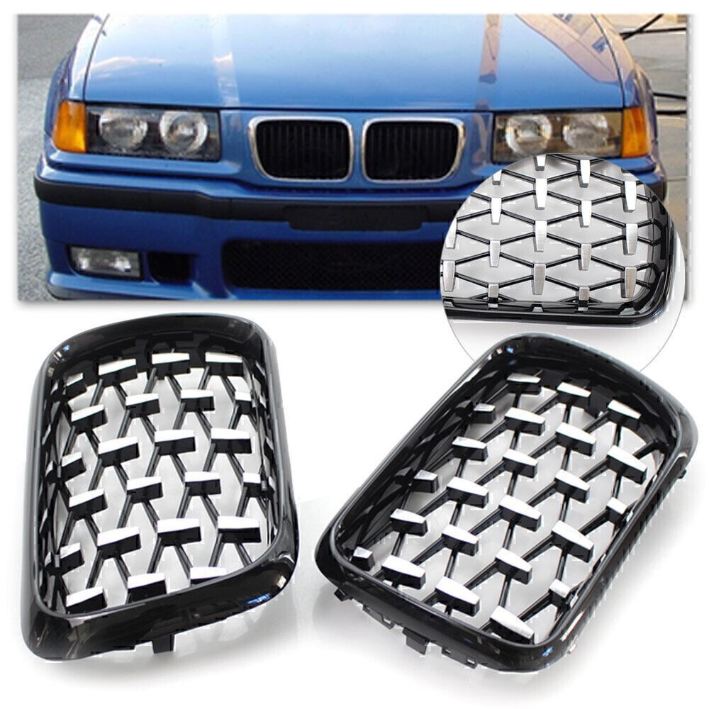 Front Grill Latest Style Shiny Black Frame Diamond Fits BMW E36 3 Series 97-99