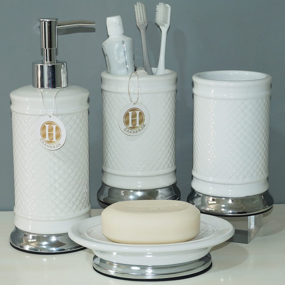 Bathroom Accessories Set 4 Pcs-Ceramic Gift Set Soap Dispenser Pump & Toothbr...