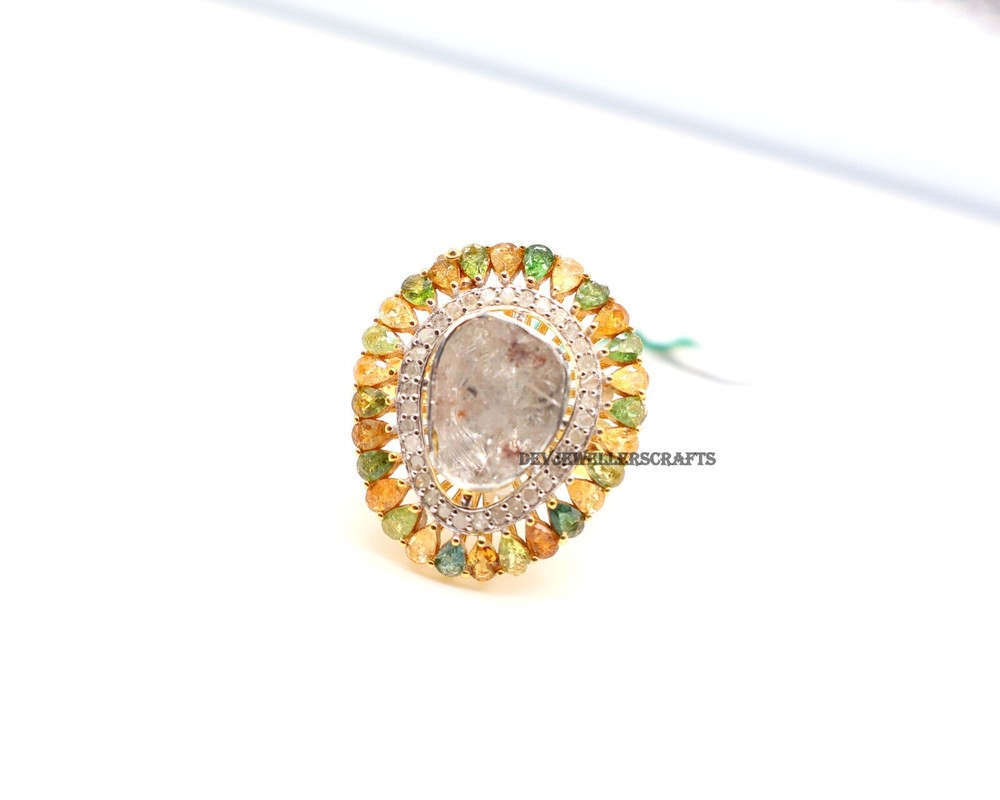 Rose Cut Polki Pave Diamond 925 Sterling Silver Multicolor Tourmaline Ring