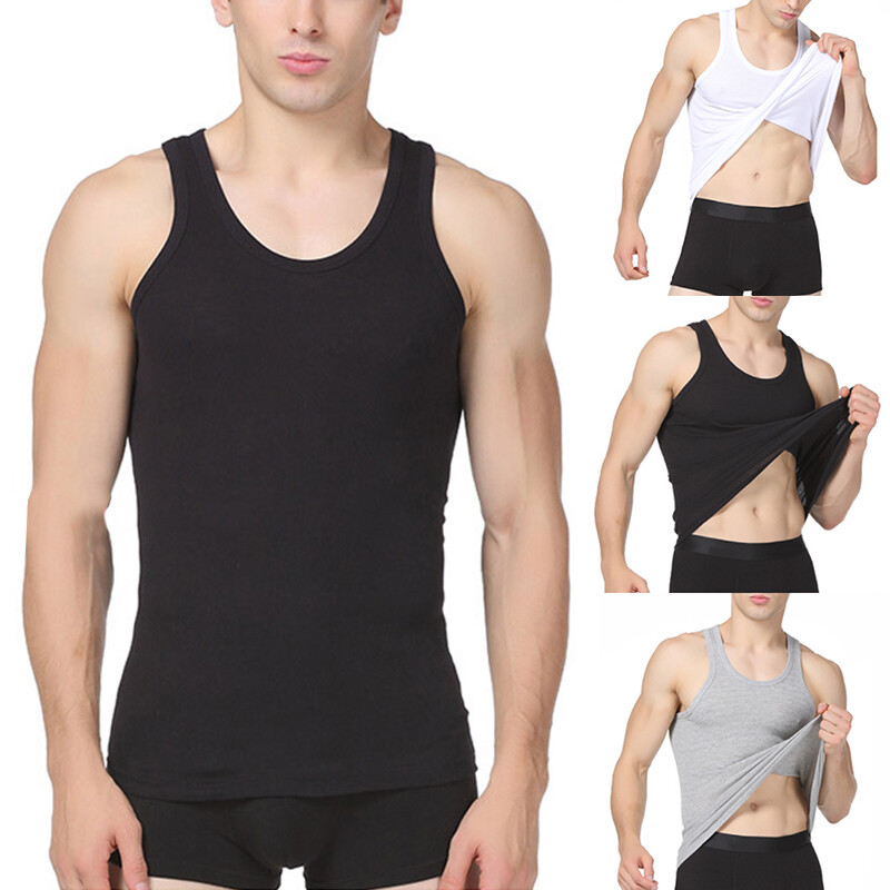Tunic Tees Vest T-Shirt Tops Tank Fine Rib Slim Solid Cotton Undershirt Men