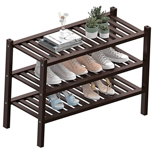 3 Tier Thick Bamboo Shoe Rack for Closet Free Standing Storage Brown