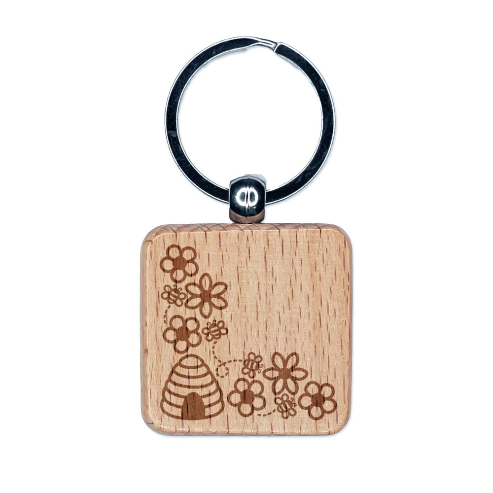 Flowers and Bees Corner Engraved Wood Square Keychain Tag Charm