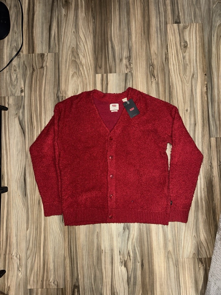 Levi's COIT BOXY CARDIGAN Poppy Red Fuzzy Wool Blend Relaxed Fit Mens Medium NEW